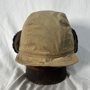 Vintage LL Bean Gore-Tex Earflap Hat Mens Large Tan Navy Blue Made in USA Cap